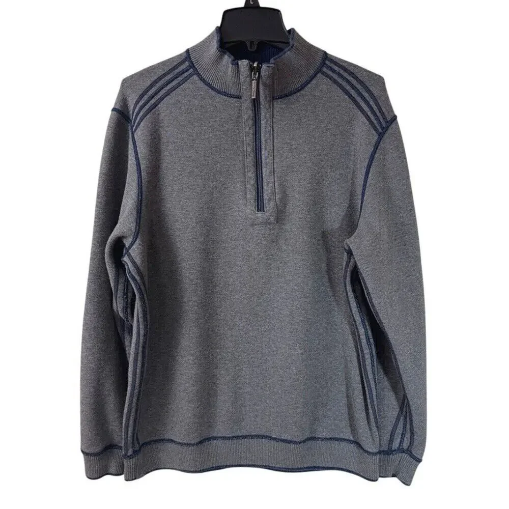 Tommy Bahama 1/4 Zip Sweater Mens Large Gray Blue Reversible Pullover Casual